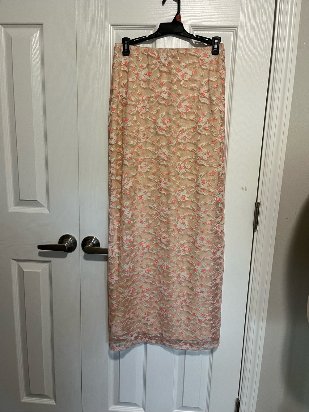 love, Fire Cream Maxi Skirt with Pink Floral Lace